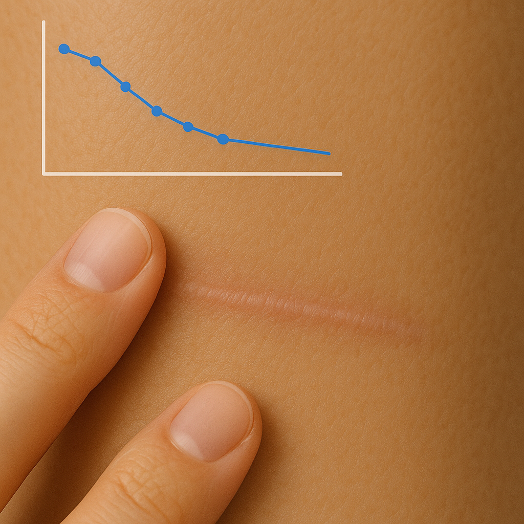 Healed scar with a gentle hand and small temperature graph trending down.