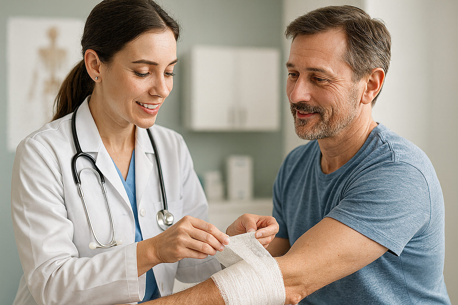 Doctor wrapping a patient’s arm with clean gauze in a medical office.