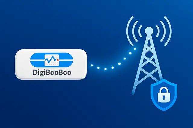 DigiBooBoo device sending encrypted health data to a cellular tower over a secure connection.