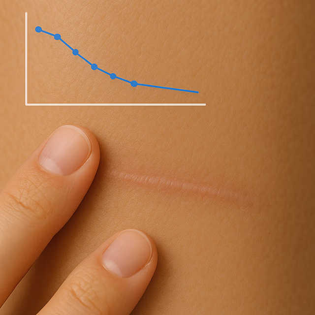 Healed scar with a gentle hand and small temperature graph trending down.