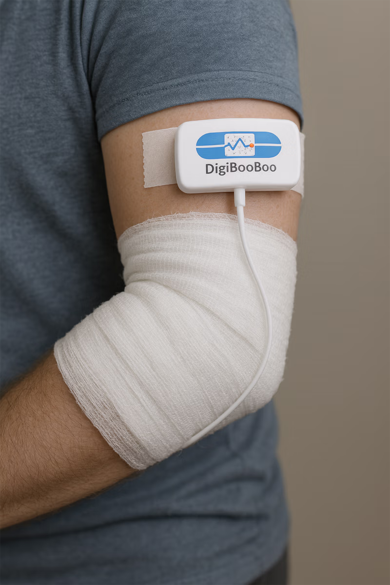 DigiBooBoo smart wound monitoring device wrapped into a bandage