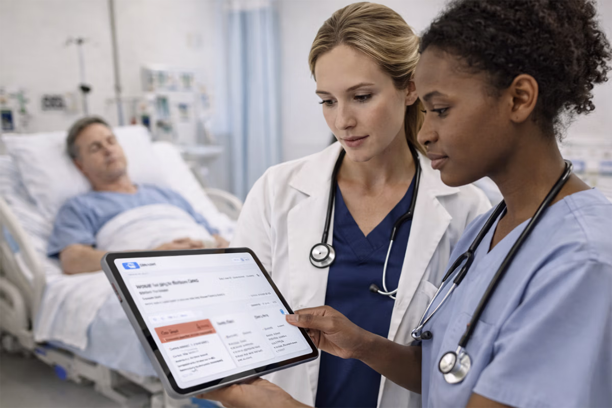 Two clinicians reviewing wound monitoring data on a tablet at the bedside of a hospital patient.