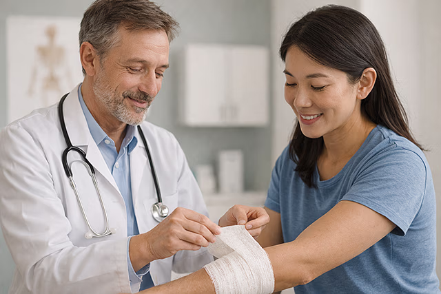Clinician applies a DigiBooBoo sensor and dressing to a patient’s hand